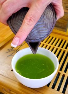Bright green infused liquor from shincha.