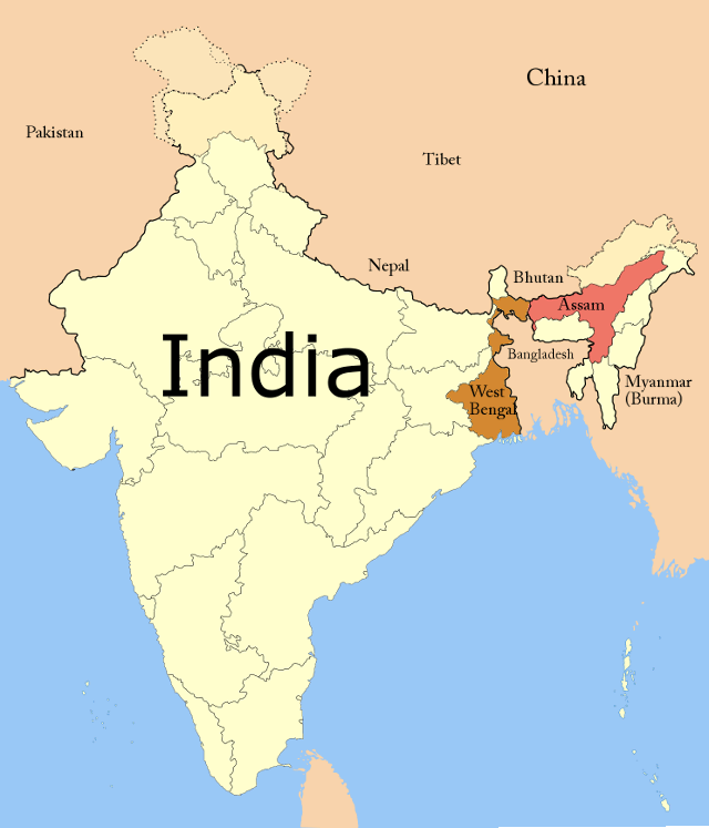 Assam Tea and West Bengal (Darjeeling Tea) India along with its neighbors.